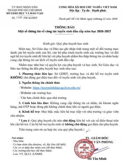 THÔNG BÁO VỀ TUYỂN SINH ĐẦU CẤP